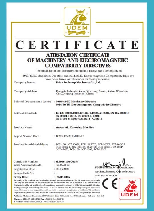 CE Certificate – Automatic Cartoning Machine